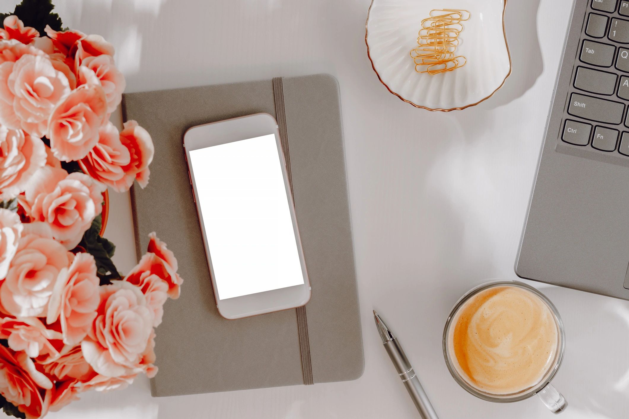 Home office flat lay with smartphone mockup for social media graphics