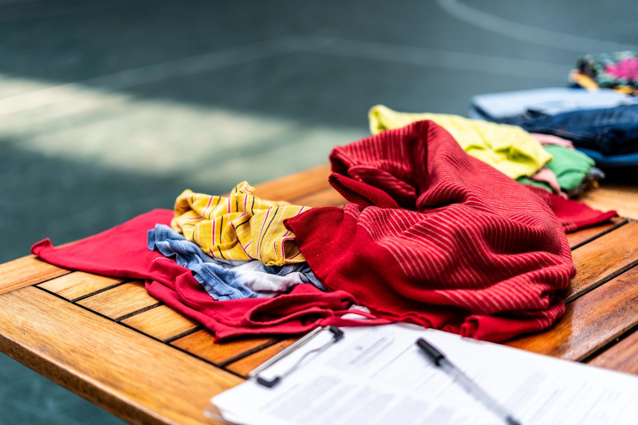 Clothes stacked at a community center